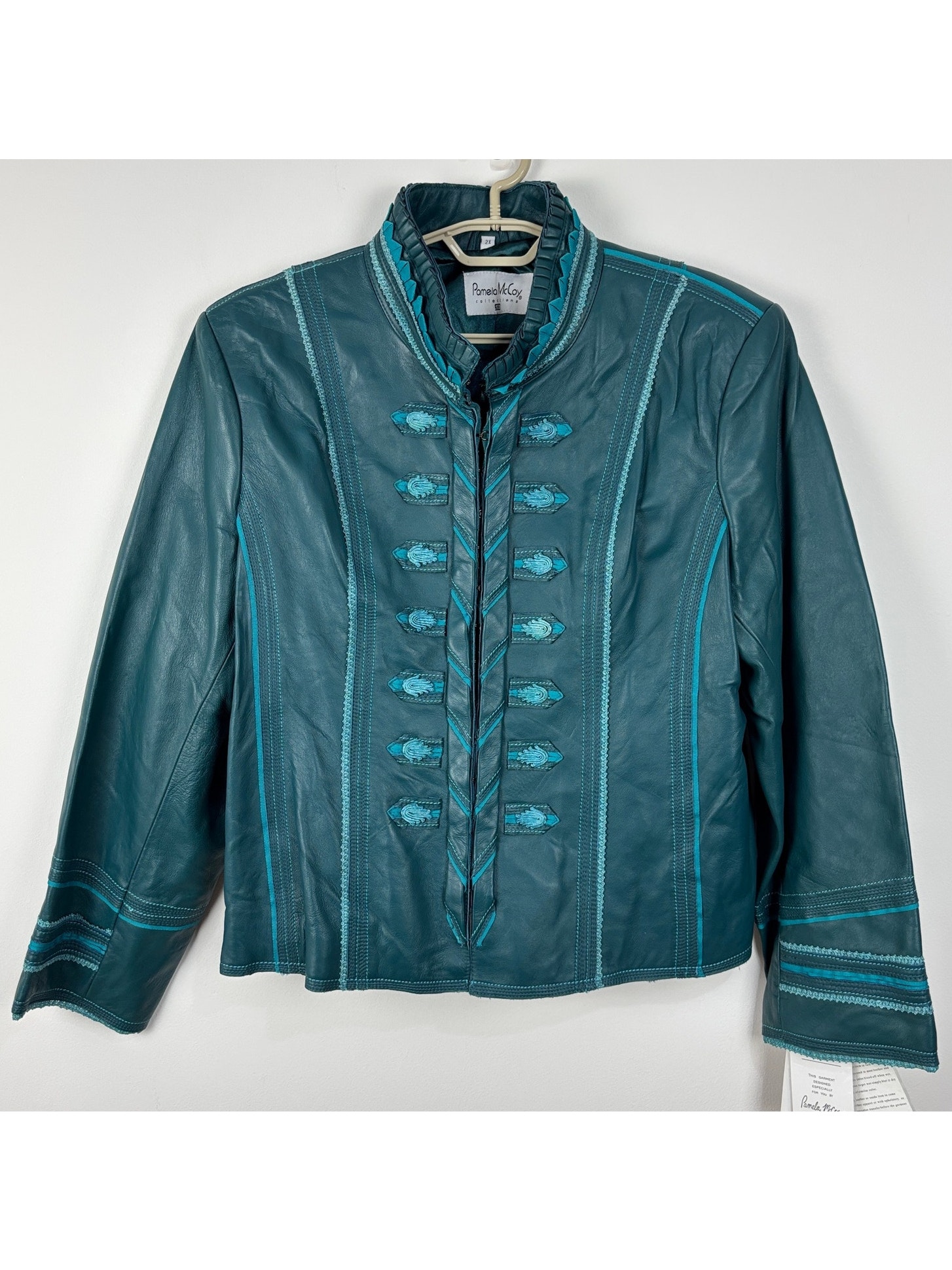 Pamela Mccoy New Teal Blue Leather Jacket 2x Renaissance Edgy